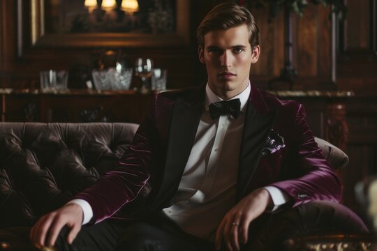 A stylish man wearing a burgundy velvet jacket and black bow tie poses confidently on a leather couch in an opulent setting
