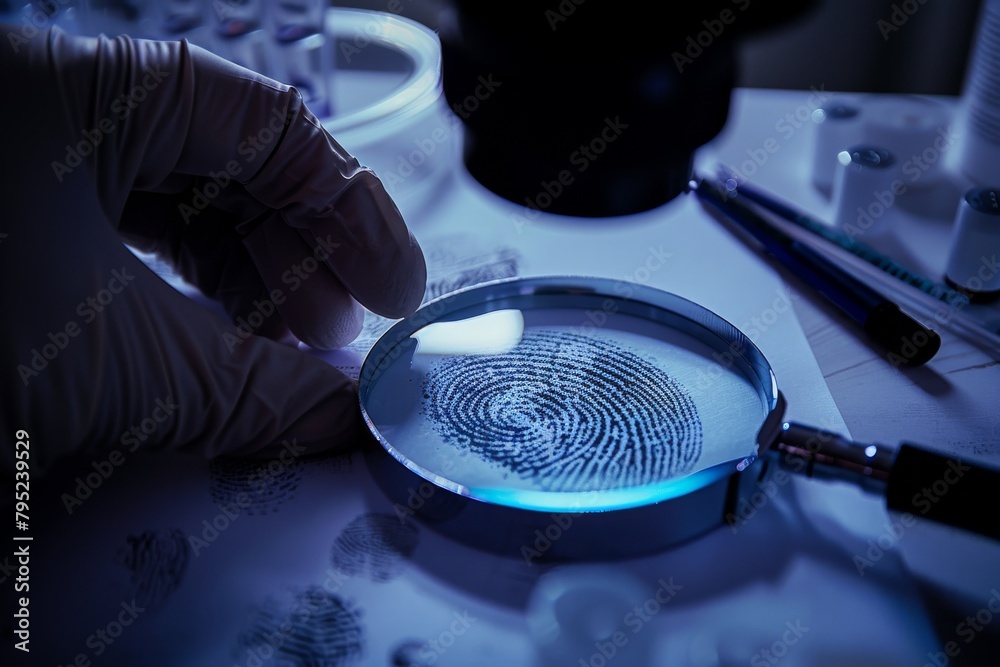 Poster a forensic expert examines a magnified fingerprint under a bright light, focusing on identification 