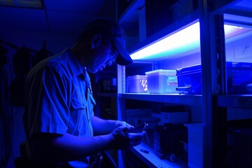 A police officer carefully inspects evidence using special lighting equipment in a dimly lit room, enhancing important elements