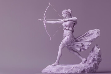 A sculpture of a Greek huntress with a bow, poised and focused, isolated on a wildness lavender pastel background, evoking themes of independence and strength