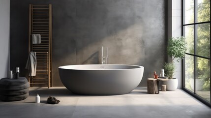 designed freestanding bathtub in a contemporary gray bathroom