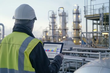 Technician overseeing gas processing operations with tablet: Industrial plant monitoring
