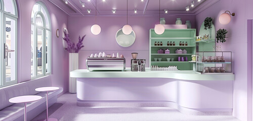 Minimalist Korean cafe, lavender tones, mint green counter, cakes, sleek espresso machine.