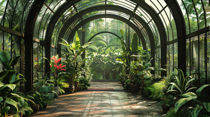 A long, narrow greenhouse filled with plants and trees