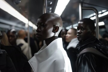 An image portraying public commuting with a focus on a man standing in a white outfit surrounded by passengers