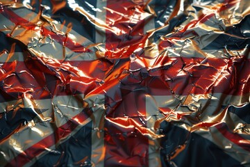 British flag on crumpled metal foil paper. Generative AI - obrazy, fototapety, plakaty