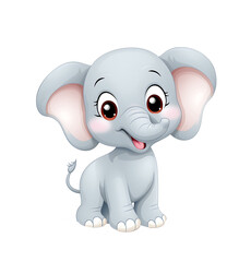 A heartwarming baby elephant cartoon with big, friendly eyes, and a playful expression on a pristine white background. Generative AI