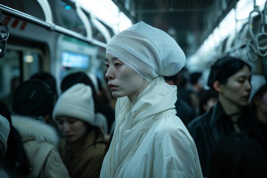 A young woman dressed in traditional headwear exudes a serene aura on a crowded commuter train, contrasting the bustle around her