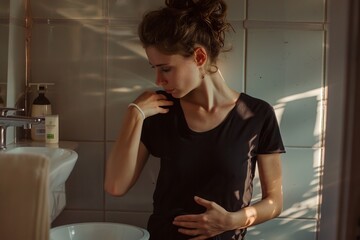 A thoughtful woman stands lost in the soft morning light in a bathroom, suggesting reflection or uncertainty