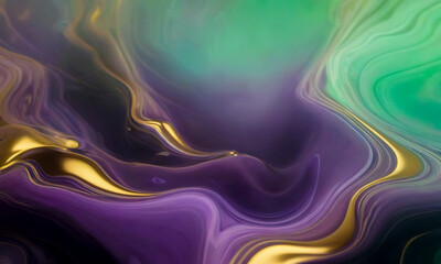 Swirling liquid purple, green and golden paints converge in a mesmerizing marbled pattern, forming an abstract background. This fluid acrylic painting exudes dynamic energy.