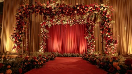 Wedding stage decoration background inside the building with elegant and beautiful flower decorations