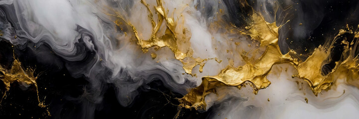 Banner - smoky black, gold and white paints merge in a marbled liquid pattern, creating an abstract background. This fluid smoke painting showcases an intriguing mix of colors. - obrazy, fototapety, plakaty
