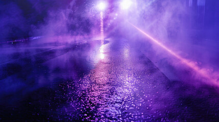 A blurry image of a wet road with purple water and a purple sky