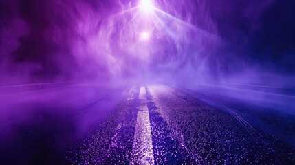 A purple road with a white line and a bright light in the background