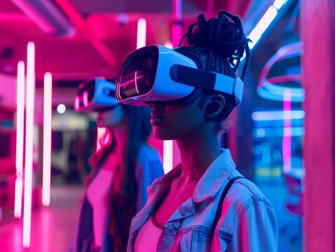 Young team testing virtual reality startup in immersive VR environment.