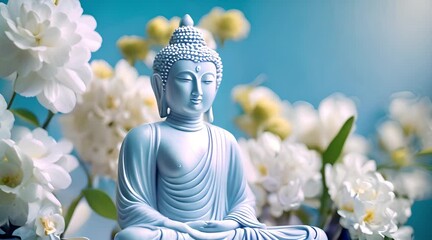 Buddhist holy day celebrating siddhartha gautama white flower adorned buddha statue on blue backdrop mental well being and meditation theme soft focus room for text