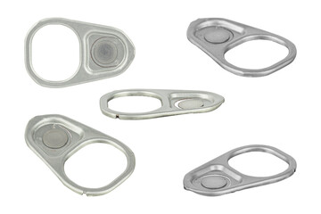 set ring-pull, pull tab from an aluminum tin can isolated from background	