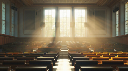 A large auditorium with rows of chairs and a window that lets in sunlight