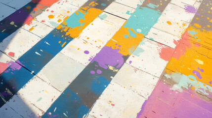 Splashes of paint on a city sidewalk, depicting a mix of colors spread out in random designs
