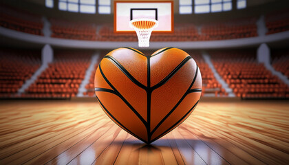 Close-up of an orange and black heart-shaped basketball ball on the wooden parquet of a basketball court. Love basketball, concept. Generative Ai. 