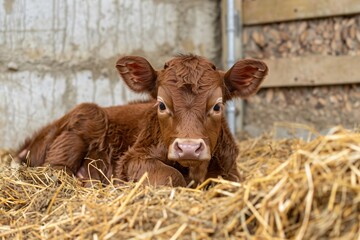 A newborn Limousin calf viewed from the front in a shed enclosure with cement walls and straw bedding. Ideal for agricultural promotions, showcasing livestock breeding, and farm animal care