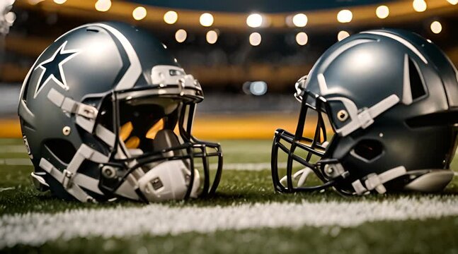 Football Helmets in Opposition on a Yard Line Beneath the Stadium