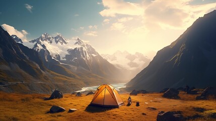 Tourist camp in the mountains, tent in the foreground.