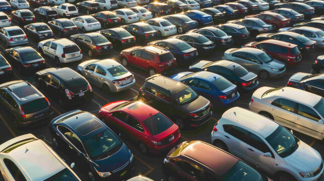 A large parking lot with many cars, including a red car