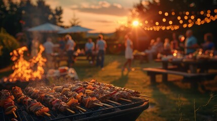 Friends and family savor kebabs at a cozy backyard barbecue during a beautiful sunset gathering - obrazy, fototapety, plakaty