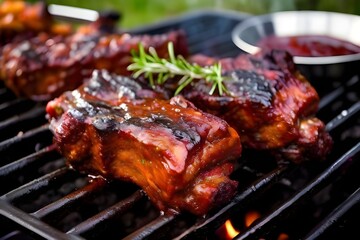 delicious tasty american style pork ribs with bbq sauce on the grill