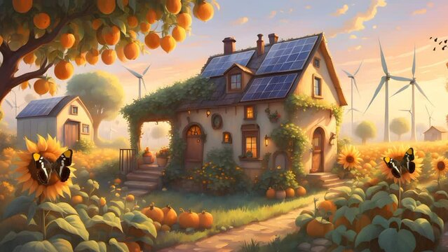 A charming view of a country house among a sea of ​​sunflowers, with windmills dotting the surroundings. seamless looping time lapse animation video background