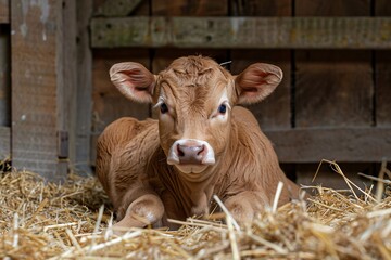A newborn Limousin calf viewed from the front in a shed enclosure with cement walls and straw bedding. Ideal for agricultural promotions, showcasing livestock breeding, and farm animal care