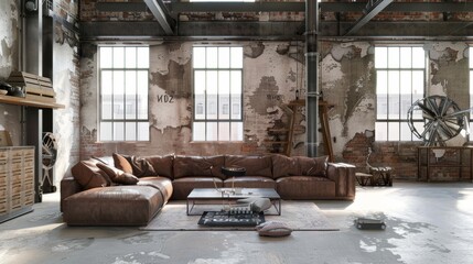 Spacious industrial-style living room with vintage leather sofa and rustic decor