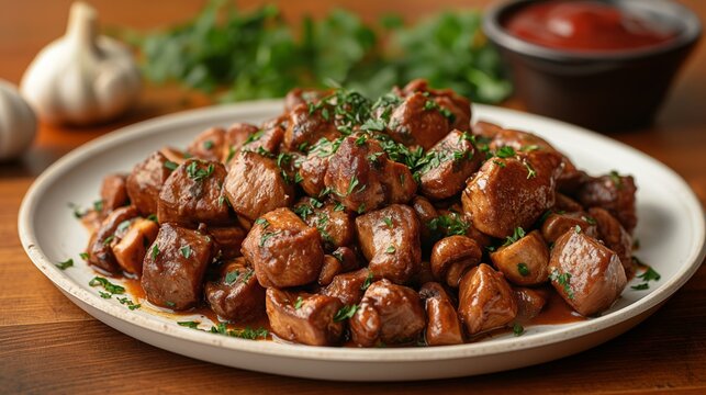 Delicious beef tips and mushrooms on a wooden table, garnished with parsley, with garlic and sauce in the background