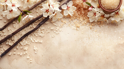 Aromatic vanilla sugar flowers and sticks on beige background