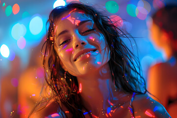 A girl enjoying herself at a colorful and energetic disco party. - obrazy, fototapety, plakaty