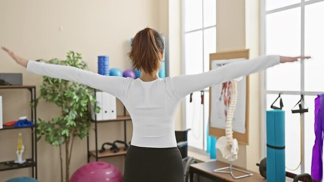 A woman stretches in a physiotherapy clinic with exercise equipment and an anatomical chart in the background.