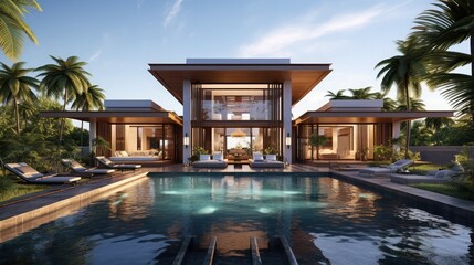 Magnificent pool villa with stunning modern architecture, digital art, real estate, and property ge - obrazy, fototapety, plakaty