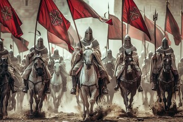 Dramatic scene of medieval armored knights riding horses into battle with red flags representing their faction