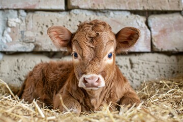 A newborn Limousin calf viewed from the front in a shed enclosure with cement walls and straw bedding. Ideal for agricultural promotions, showcasing livestock breeding, and farm animal care