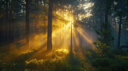 Sunlight filtering through dense forest trees and tall grass