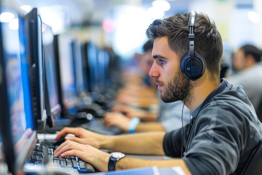 An adult male wearing headphones, focused intensely on a screen while using a computer at a LAN event