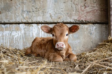 A newborn Limousin calf viewed from the front in a shed enclosure with cement walls and straw bedding. Ideal for agricultural promotions, showcasing livestock breeding, and farm animal care