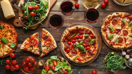 Pizza party dinner. Flat-lay of various kinds of Italian pizza, salad and red wine in glasses over rustic wooden table, top view, wide composition. Fast food lunch, celebration, gathering concept