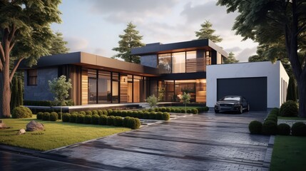Modern house with garden and garage. 3d rendering. - obrazy, fototapety, plakaty