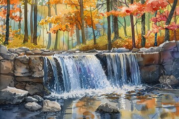 Fototapeta premium Hand drawn watercolor of a charming waterfall in the forest, vibrant, pastels, serene setting