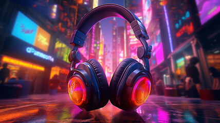 Colorful Headphones on Vivid Neon Color Abstract Background. Retro wave composition.