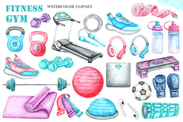 Sports equipment watercolor illustrations set. Gym. Fitness, sports, stretching, yoga. Healthy lifestyle. Illustrations isolated. Blue, pink, purple, gray colors. For printing on stickers, cards
