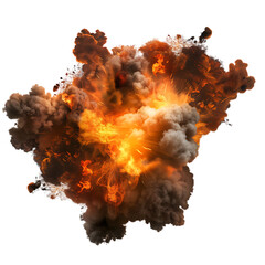 A ball of fire and smoke, in shades of orange and grey, billows up from the bottom left of the image against a white background.