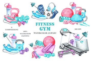 Gym watercolor illustrations set. Sport equipment. Fitness, sports, stretching, yoga. Healthy lifestyle. Illustrations isolated. Blue, pink, purple, gray colors. For printing on stickers, cards